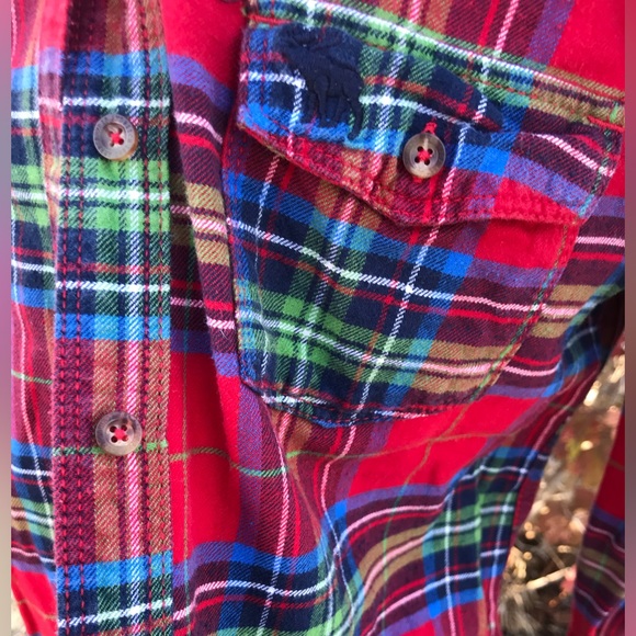 🍁Abercrombie&Fitch Red Plaid CottonFlannel Perfect Holiday Layering SzL Slimfit - Picture 6 of 11